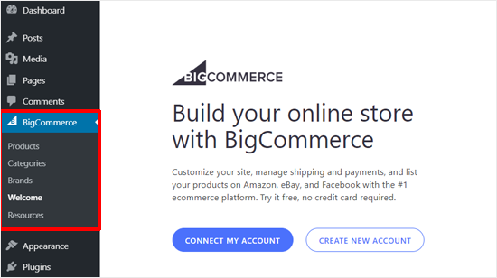 Подключиться к учетной записи BigCommerce или создать новую учетную запись
