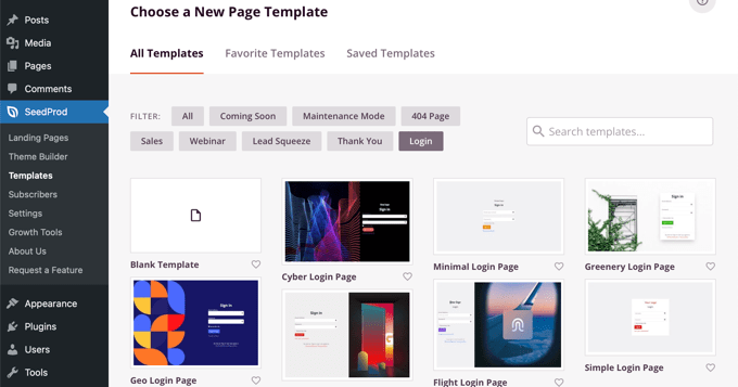 Choose a template for your SeedProd login page