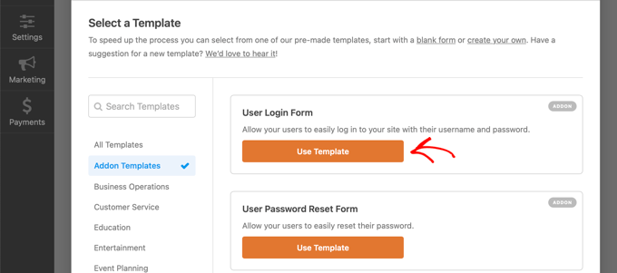 Select the WPForms User Login Form Template