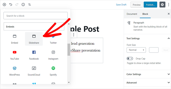 WordPress Post Editor'da SlideShare Embed Block ekle