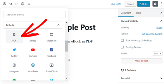 Выбор блока вставки PDF в редакторе постов WordPress
