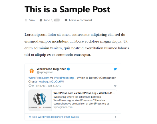 Real tweet embedded in WordPress blog post preview