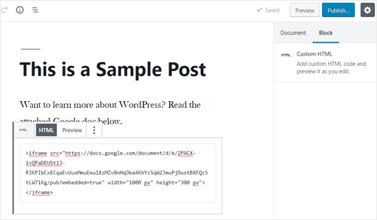 Google Doc Embed Code Added in WordPress Post