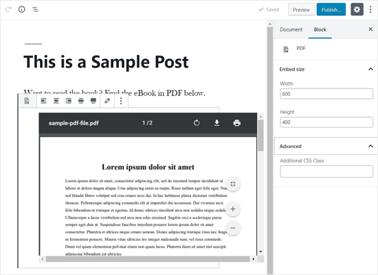 PDF, встроенный в редактор постов WordPress