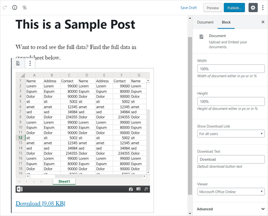 Spreadsheet Embedded in WordPress Editor