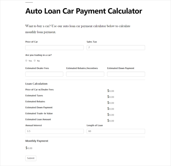 auto loan calculator with tax