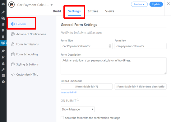 Car Payment Calculator Form General Settings