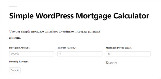 Предварительный просмотр простого ипотечного калькулятора WordPress