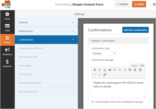 WPForms Confirmation Message Settings