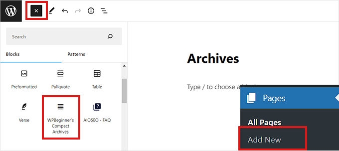 Добавить на страницу блок Компактные архивы