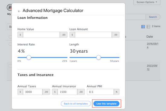 Previewing the advanced mortgage calculator template