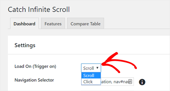 Load on Scroll or Click - Catch Infinite Scroll Plugin Settings