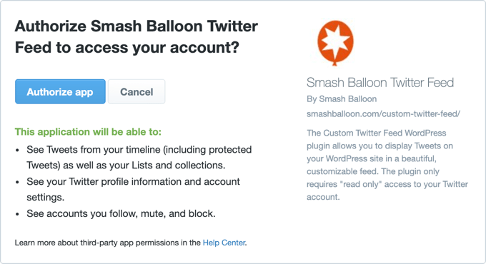 Авторизация доступа к ленте Твиттера Smash Balloon