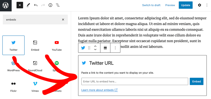 Добавить блок встраивания Twitter в редактор WordPress