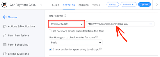 How to redirect to a URL following form submission