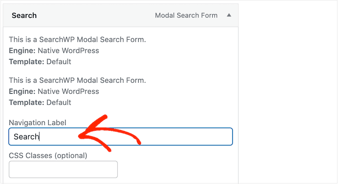Adding a Search label to the WordPress navigation menu