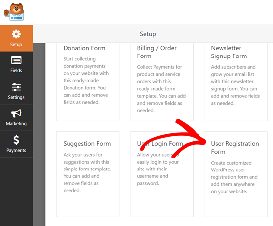 Select User Registration Form Template WPForms