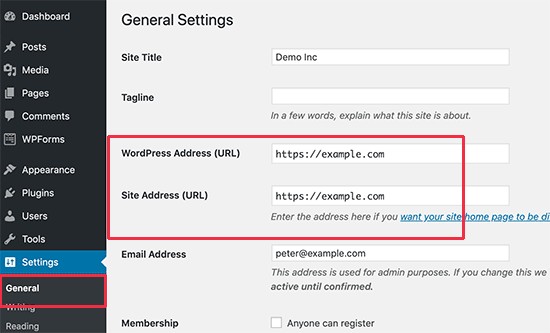 Yönetici alanındaki WordPress site URL'lerini değiştirin
