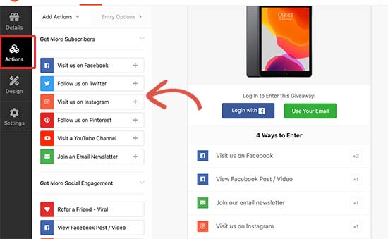 Adding actions to your Facebook giveaway