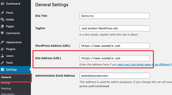 Copie o endereço do site na página de configurações do WordPress