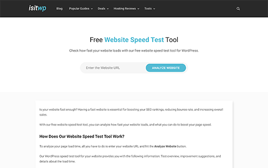 Strumento di test della velocità del sito Web IsItWP