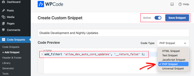 Adding a Text Snippet to WPCode