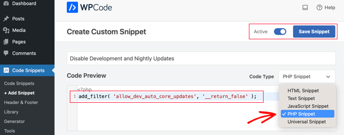 Including a Text Snippet to WPCode