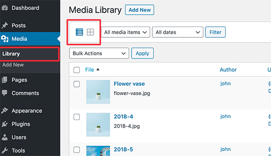 Passa dalla visualizzazione griglia alla visualizzazione elenco nella libreria multimediale di WordPress