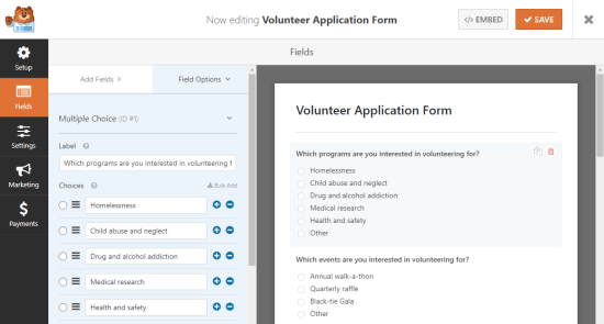 Editing Volunteer Application Form