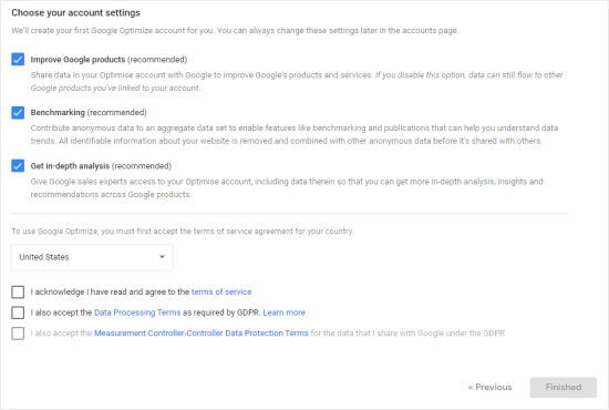Choose your Google Optimize account settings