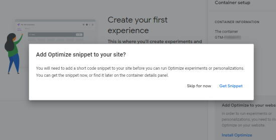 The Google Optimize snippet popup