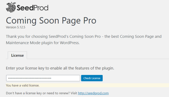SeedProd Coming Soon Pro 설정 페이지에서 라이센스 키 입력