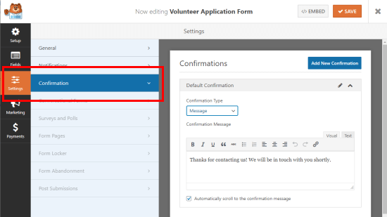 Viewing and editing the form's confirmation message