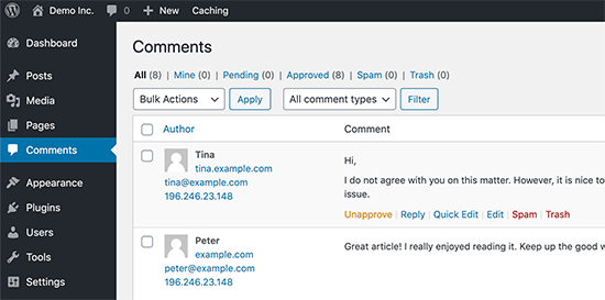 WordPress comment moderator dashboard