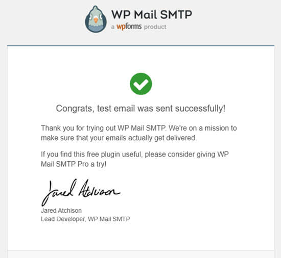 L'e-mail di prova da WP Mail SMTP 