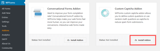 WPForms Install Custom Captcha Addon