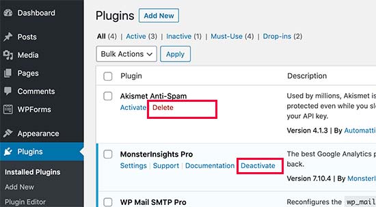 Disinstallare un plug-in WordPress