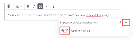 Impostazione del link per l'apertura in una nuova scheda utilizzando l'editor dei blocchi di WordPress