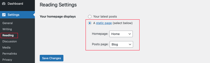 Select your homepage and blog page