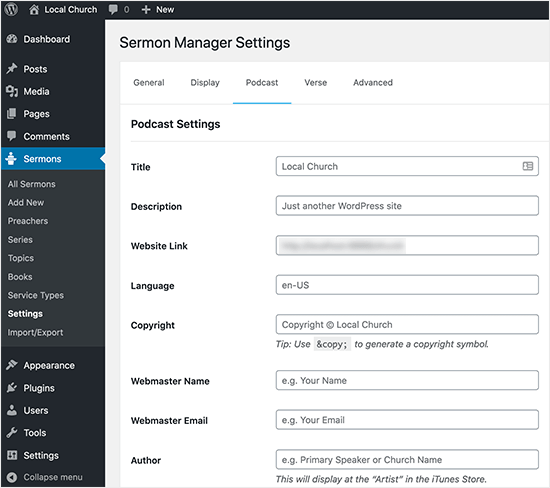 enter your church podcast settings