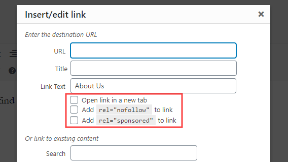 Additional options created by the Title and Nofollow for Links WordPress plugin