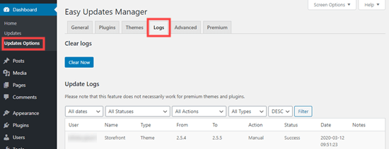 La scheda registri del plug-in Easy Updates Manager