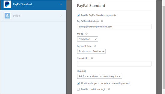 The PayPal payment settings page for your form