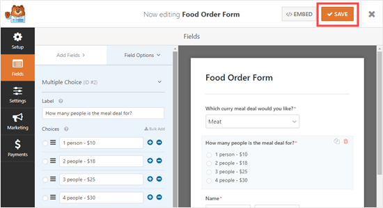 Save Takeout Order Form