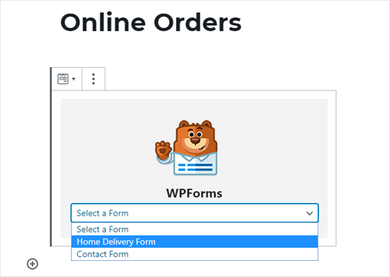Выбрав форму онлайн-заказа из выпадающего списка WPForms