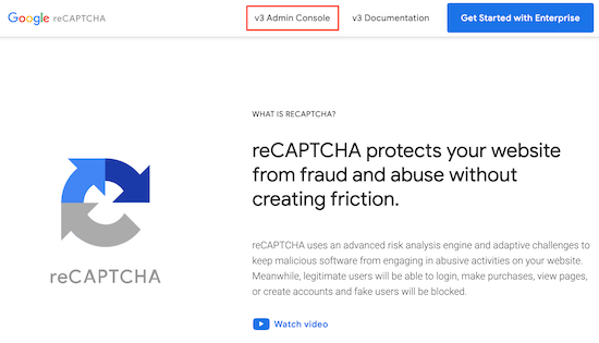 The Google reCAPTCHA admin console