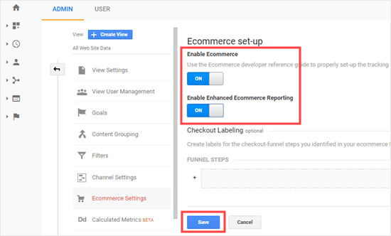 Enabling eCommerce settings in Google Analytics