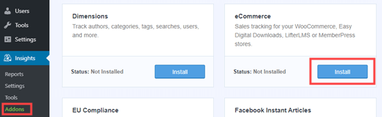 Installazione del componente aggiuntivo eCommerce per MonsterInsights