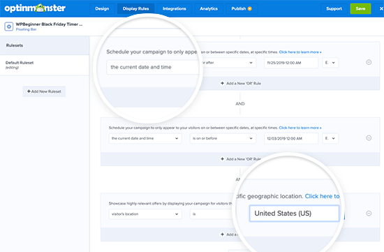 OptinMonster Campaign Display Rules for Scheduling and Geolocation