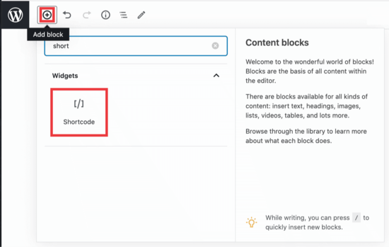 Add WordPress shortcode block